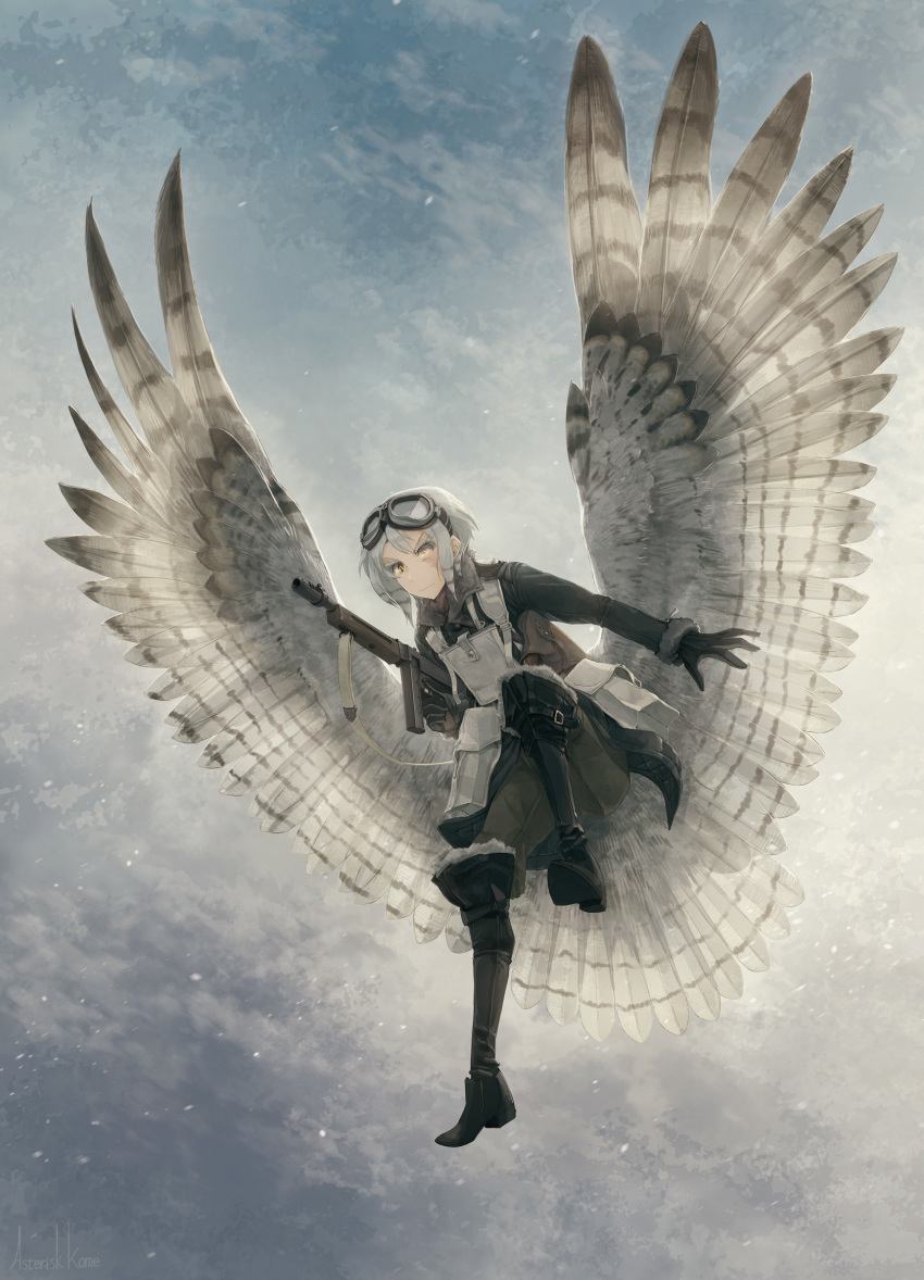 1girl asterisk_kome belt bird_wings black_footwear black_gloves blue_sky boots closed_mouth clouds cloudy_sky day flying frances_royce gloves gradient_sky grey_jacket grey_pants grey_sky grey_wings gun highres holding holding_gun holding_weapon jacket knee_boots leg_up long_sleeves low_wings machine_gun military military_uniform pants scar scar_across_eye short_hair silver_hair sky solo uniform utility_belt weapon weapon_request winged_fusiliers wings yellow_eyes