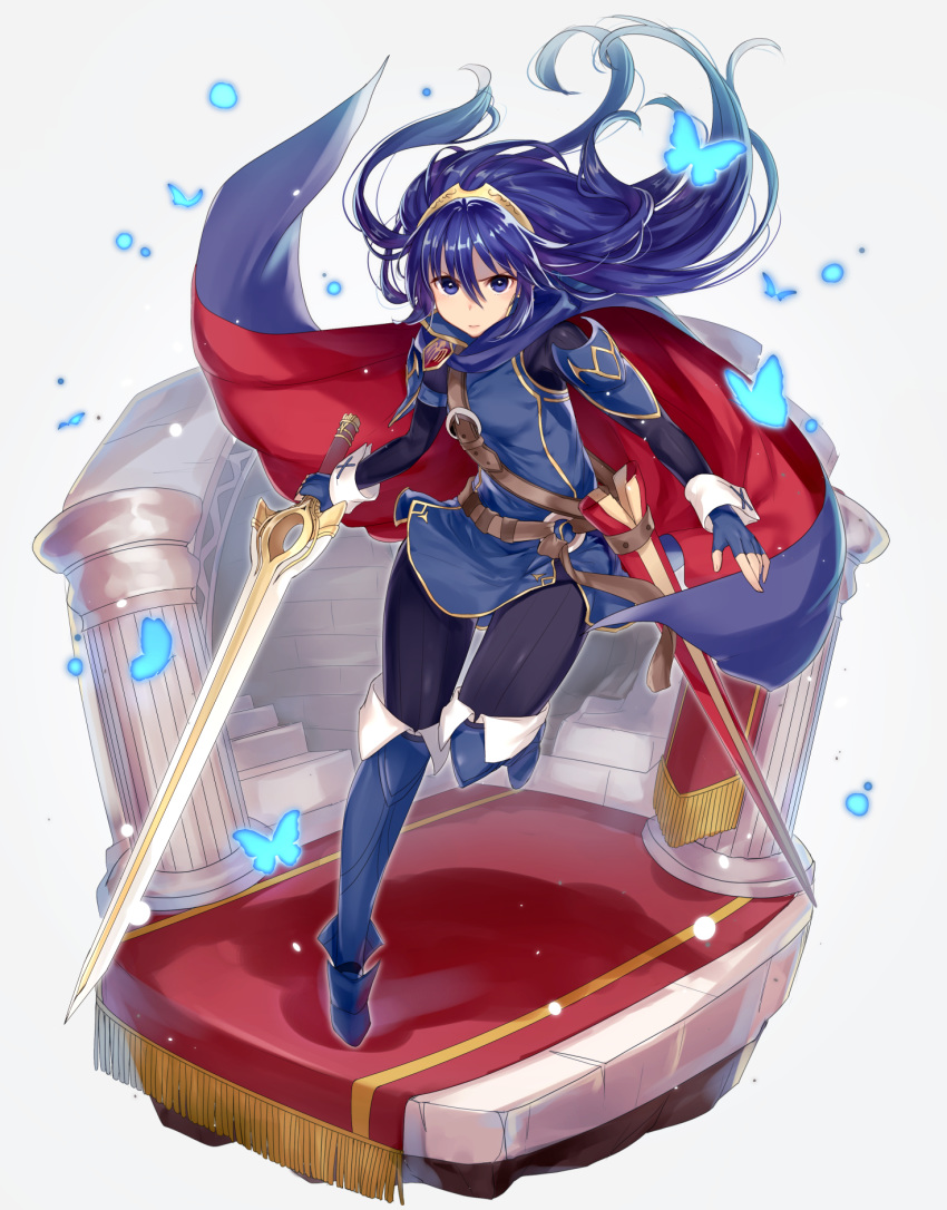 1girl blue_eyes blue_gloves blue_hair bug butterfly closed_mouth falchion_(fire_emblem) fingerless_gloves fire_emblem fire_emblem_awakening full_body gloves haru_(nakajou-28) highres holding holding_sword holding_weapon insect long_hair lucina lucina_(fire_emblem) scabbard sheath solo sword tiara weapon