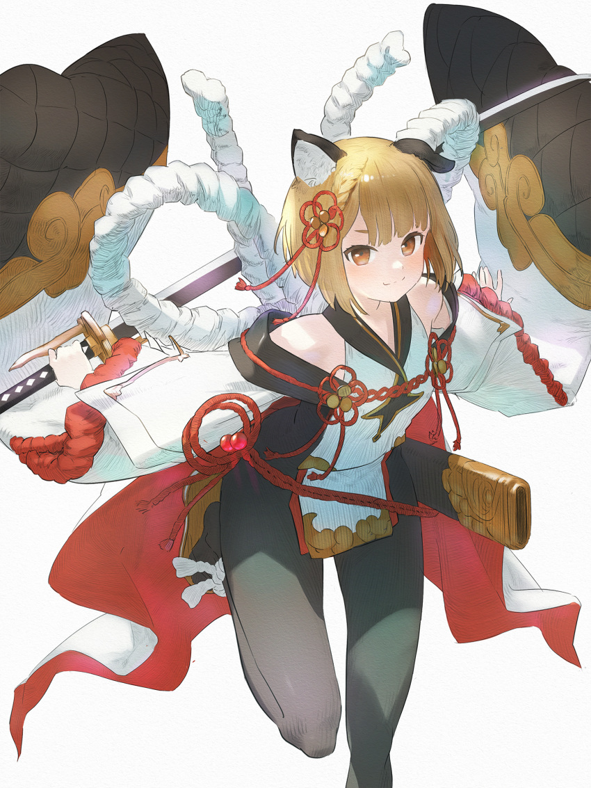 1girl animal_ears bare_shoulders blonde_hair brown_eyes closed_mouth commentary ear_down feet_out_of_frame granblue_fantasy grey_legwear highres holding holding_sword holding_weapon katana light_blush long_sleeves looking_at_viewer pantyhose pelvic_curtain scabbard sheath short_hair simple_background smile solo standing standing_on_one_leg sword unsheathed vajra_(granblue_fantasy) wasabi60 weapon white_background