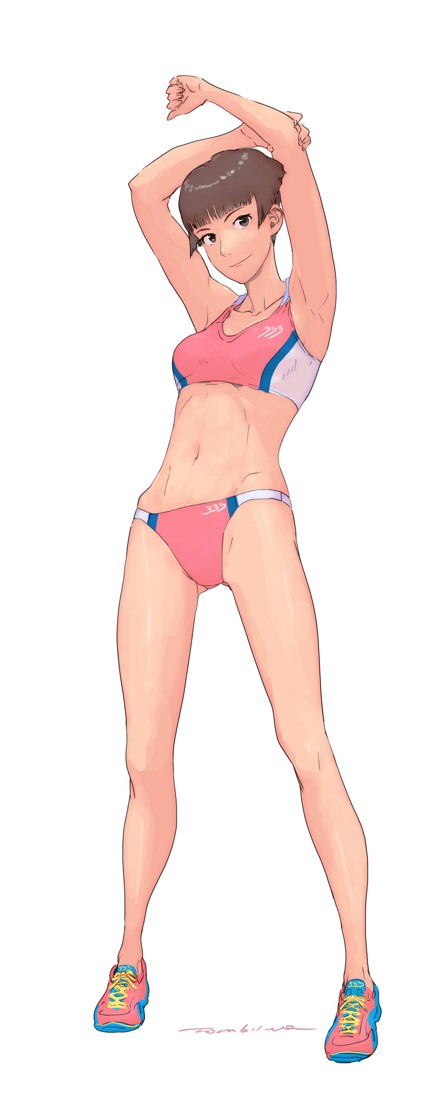 1girl absurdres breasts brown_eyes brown_hair closed_mouth gake_no_ue_no_ponyo highres lisa_(ponyo) looking_at_viewer shoes short_hair simple_background smile sneakers solo sports_bra tombiiwa white_background