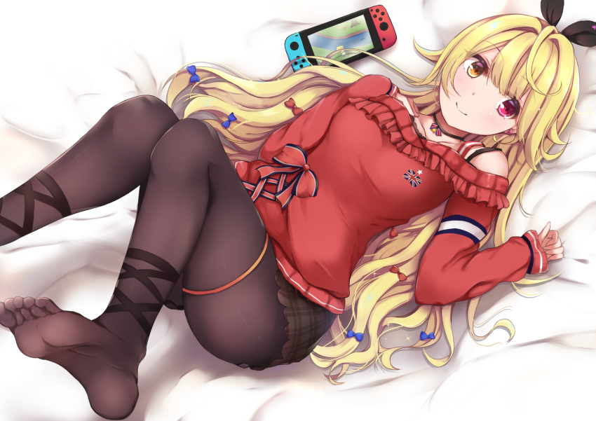 1girl bed_sheet black_legwear blonde_hair blouse bow feet hair_bow hair_ribbon heterochromia highres hoshikawa_sara long_sleeves lying mia_(kuja999) nijisanji nintendo_switch on_back pantyhose plaid plaid_skirt red_eyes ribbon skirt solo virtual_youtuber yellow_eyes