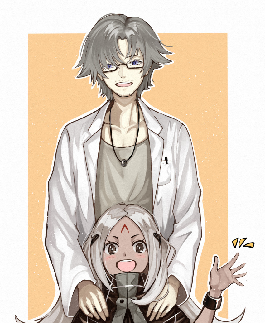 1boy 1girl blue_eyes brown_eyes dark_skin elisa_(girls_frontline) facial_hair facial_mark father_and_daughter girls_frontline glasses grey_hair hand_on_another's_shoulder highres jewelry labcoat looking_at_viewer lycoris_(girls_frontline) numazume ring short_hair smile stubble waving