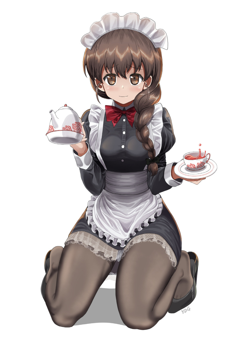 1girl absurdres alternate_costume apron artist_name bangs black_dress black_legwear black_ribbon bow bowtie braid brown_eyes brown_hair closed_mouth cup dress enmaided frilled_apron frills full_body girls_und_panzer hair_over_shoulder hair_ribbon high_heels highres holding_saucer holding_teapot juliet_sleeves kneeling lace lace-trimmed_dress long_hair long_sleeves looking_at_viewer maid maid_headdress pantyhose puffy_sleeves red_neckwear ribbon rukuriri_(girls_und_panzer) shadow short_dress signature simple_background single_braid smile solo tea teacup waist_apron white_background ydg_(eorbsaos1004)