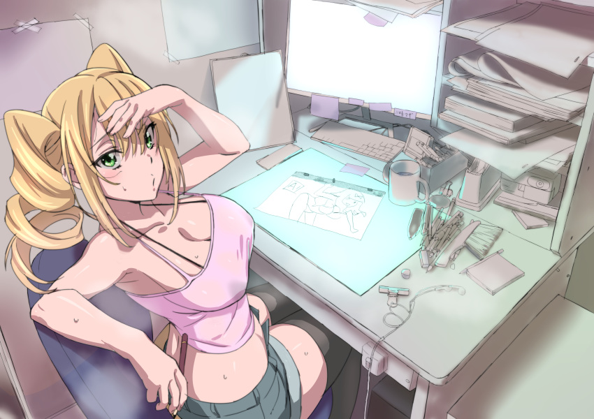 absurdres animation_paper_(object) animator bangs bare_shoulders black_legwear blonde_hair breasts brush camisole chair coffee_mug commentary_request computer crop_top cup desk drawing drawing_equipment drill_hair earphones earphones from_above green_shorts hair_between_eyes hand_on_own_head highres holding holding_pencil keyboard large_breasts light_blush light_box looking_at_viewer looking_up midriff monitor mug office_chair open_fly original paper_stack paperclip peg_bar pencil pencil_skirt pink_shirt pursed_lips qumata raised_eyebrows shirt short_shorts shorts sitting skirt spaghetti_strap sticky_note tape tape_dispenser thigh-highs twin_drills unbuttoned
