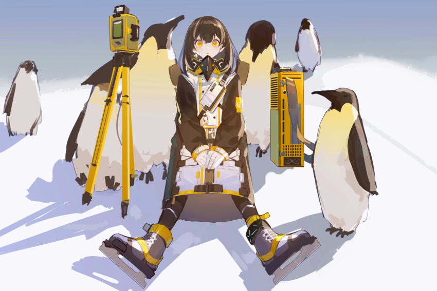 1girl absurdres animal arknights artist_request bangs bird black_legwear brown_hair camera commentary_request ear_piercing earrings gas_mask gloves hair_between_eyes highres jacket jewelry jiangshi light long_jacket long_sleeves looking_at_viewer magallan_(arknights) mask mask_removed medium_hair mouth_mask multicolored_hair outdoors pantyhose parted_lips penguin piercing respirator shadow sitting skates solo streaked_hair white_gloves white_hair yellow_eyes