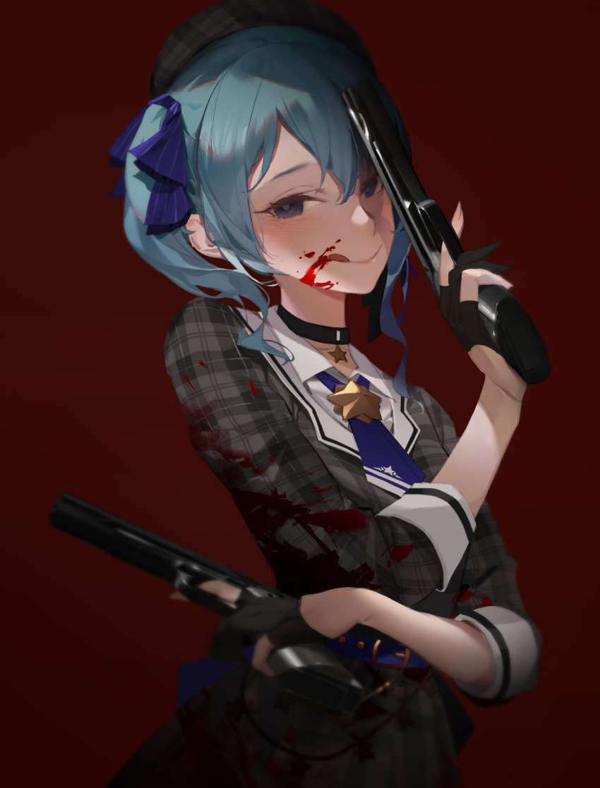 1girl beret blood blood_on_face bloody_clothes blue_eyes blue_hair choker collared_shirt cowboy_shot dress dual_wielding gloves gun hair_ribbon handgun hat highres holding hololive hoshimachi_suisei icy02 plaid plaid_dress red_background ribbon shirt side_ponytail solo suisei_channel tongue tongue_out virtual_youtuber weapon