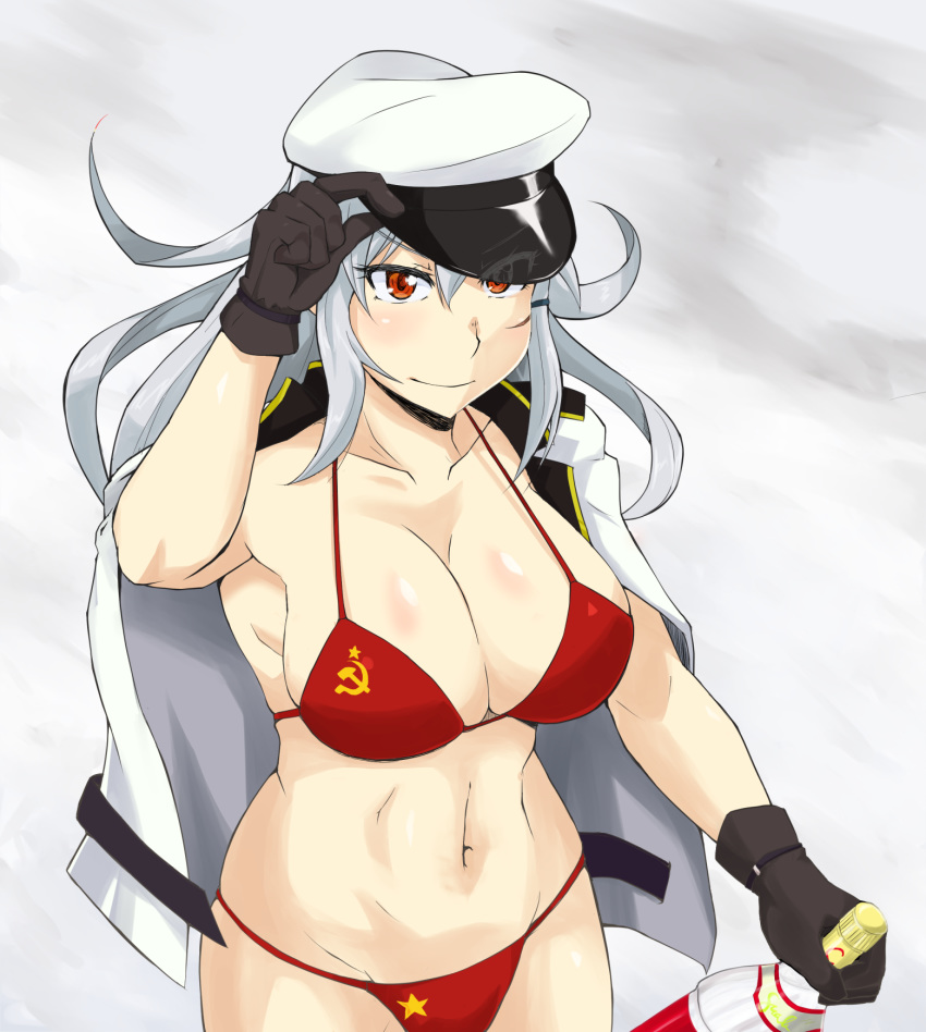 bikini bottle breasts commentary_request cowboy_shot gangut_(kantai_collection) grey_background grey_hair hammer_and_sickle hat highres holding holding_bottle jacket kantai_collection large_breasts long_hair navel peaked_cap red_bikini red_eyes shigeru_(shigel_marv) swimsuit white_jacket