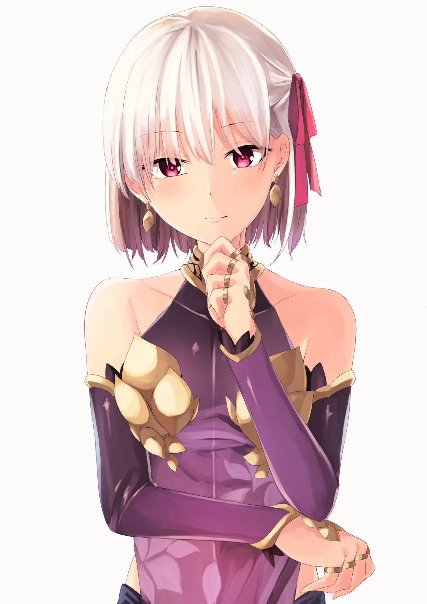 1girl absurdres armlet armor bangs bare_shoulders bikini_armor bracelet breasts closed_mouth collar collarbone detached_sleeves dress earrings fate/grand_order fate_(series) hair_ribbon highres jewelry kama_(fate/grand_order) looking_at_viewer metal_collar pink_ribbon purple_dress purple_skirt purple_sleeves ribbon ring sh22 short_hair silver_hair simple_background skirt small_breasts smile solo white_background