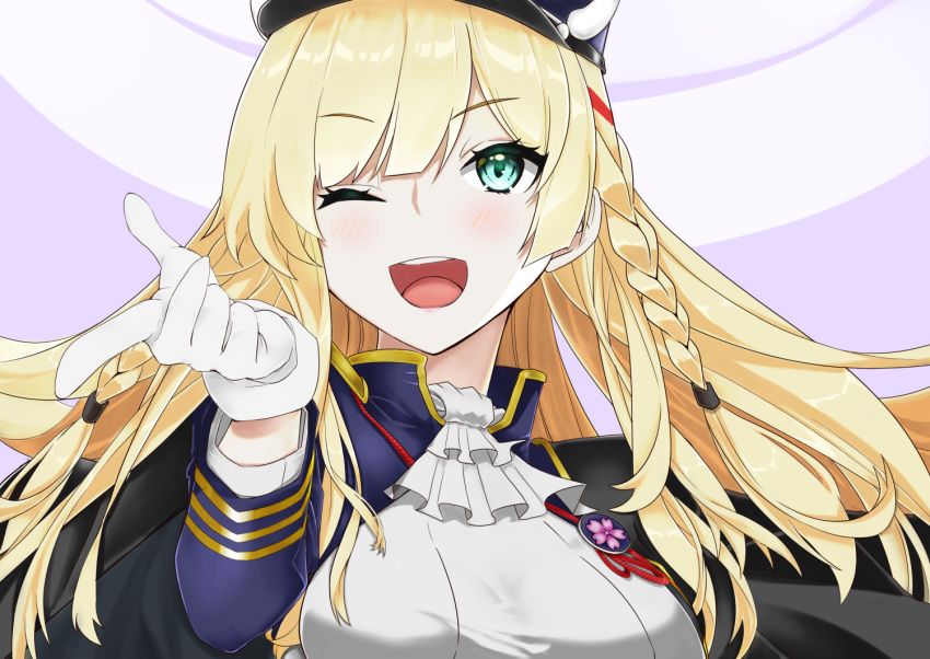 1girl ascot azur_lane black_cape blonde_hair blue_headwear blush braid breasts buttons cape chuu_(rinet) close-up eyebrows_visible_through_hair fake_horns framed_breasts gloves gradient gradient_background green_eyes hair_between_eyes hat horns kongou_(azur_lane) large_breasts lips long_hair long_sleeves looking_at_viewer military military_uniform one_eye_closed open_mouth smile solo teeth tongue uniform upper_body white_background white_gloves white_neckwear