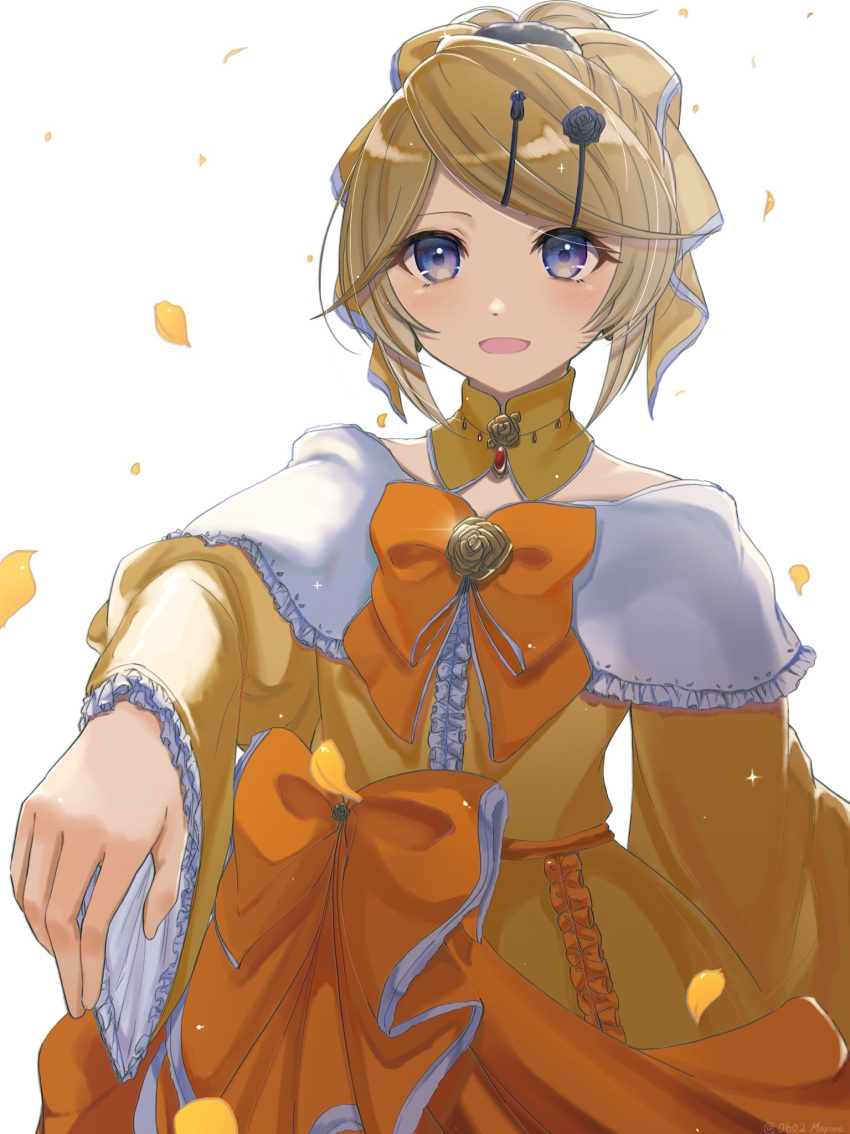 1girl anniversary backlighting blonde_hair blue_eyes bow choker dress dress_bow dress_flower evillious_nendaiki eyelashes frilled_dress frilled_sleeves frills hair_bow highres kagamine_rin looking_at_viewer mayo_(mayone-u) outstretched_arm pale_skin petals pov princess reaching riliane_lucifen_d'autriche smile solo updo vocaloid wide_sleeves yellow_dress