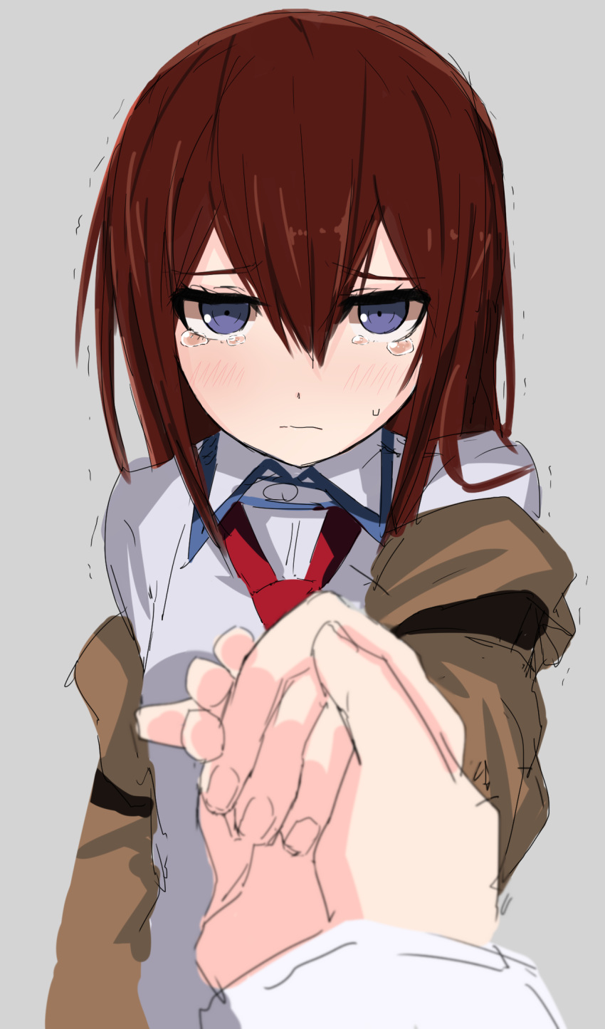 1girl bangs blue_eyes blush brown_jacket closed_mouth commentary grey_background hair_between_eyes highres jacket kahlua_(artist) long_hair looking_at_viewer makise_kurisu necktie off_shoulder pov pov_hands raised_eyebrows red_neckwear redhead shirt simple_background steins;gate sweatdrop tearing_up trembling white_shirt worried