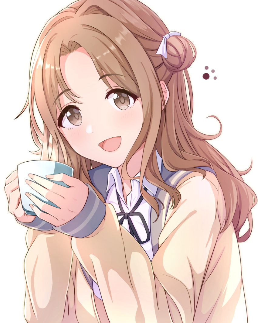 1girl alisia0812 bangs blush cardigan commentary_request cup eyebrows_visible_through_hair hair_bun highres holding holding_cup ichikawa_hinana idolmaster idolmaster_shiny_colors light_brown_eyes long_hair looking_at_viewer mug open_cardigan open_clothes open_mouth side_bun simple_background sleeves_past_wrists smile solo white_background