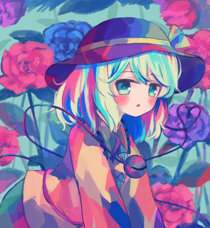 1girl bangs blue_flower blush buttons child collar collared_shirt colorful commentary_request crystal eyeball eyebrows_visible_through_hair floral_background flower frilled_collar frilled_shirt_collar frills from_side green_eyes green_skirt hat hat_ribbon headwear heart heart_of_string highlights kneeling komeiji_koishi leaf looking_at_viewer multicolored multicolored_clothes multicolored_hair open_mouth puroshimin purple_flower red_flower ribbon rose shirt short_hair skirt string third_eye touhou upper_body yellow_shirt