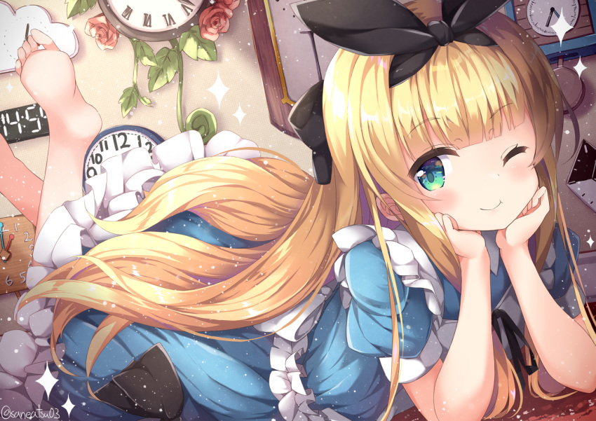 1girl ;) alice_(wonderland) alice_in_wonderland analog_clock bangs barefoot black_neckwear black_ribbon blonde_hair blue_dress blue_eyes blunt_bangs blush chin_rest clock commentary_request digital_clock dress feet feet_up flower frilled_dress frills hair_ribbon long_hair looking_at_viewer lying mononobe_alice neck_ribbon nijisanji niwasane_(saneatsu03) on_stomach one_eye_closed red_flower red_rose ribbon rose short_sleeves smile soles solo sparkle the_pose twitter_username virtual_youtuber