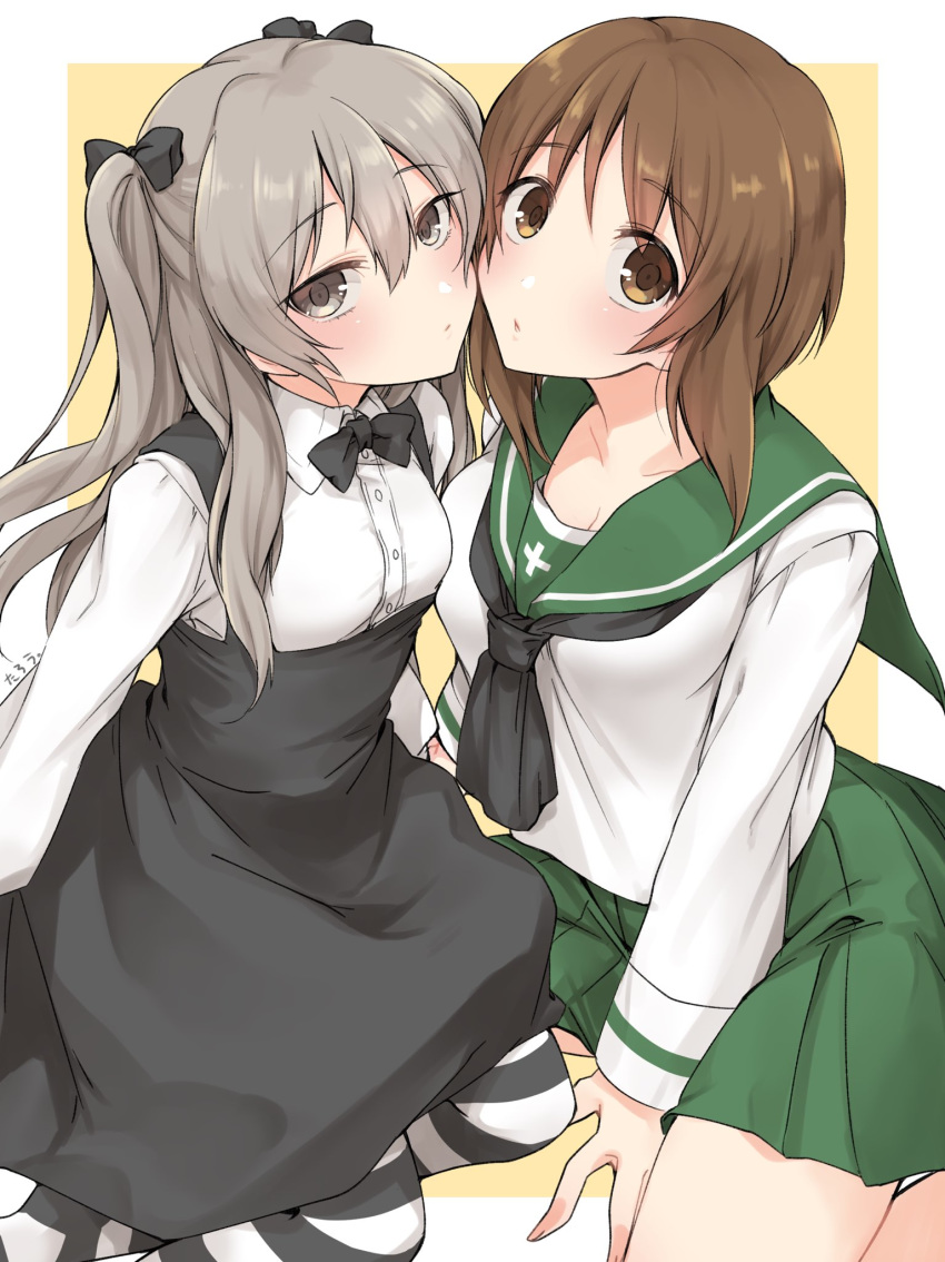 2girls bangs black_legwear black_neckwear black_ribbon black_skirt blouse bow bowtie brown_eyes brown_hair collared_shirt commentary_request from_above girls_und_panzer green_skirt high-waist_skirt highres komekueyo layered_skirt light_brown_hair long_hair long_sleeves looking_at_viewer miniskirt multiple_girls nishizumi_miho one_side_up ooarai_school_uniform pleated_skirt ribbon school_uniform serafuku shimada_arisu shirt short_hair skirt striped striped_legwear suspender_skirt suspenders white_blouse white_shirt