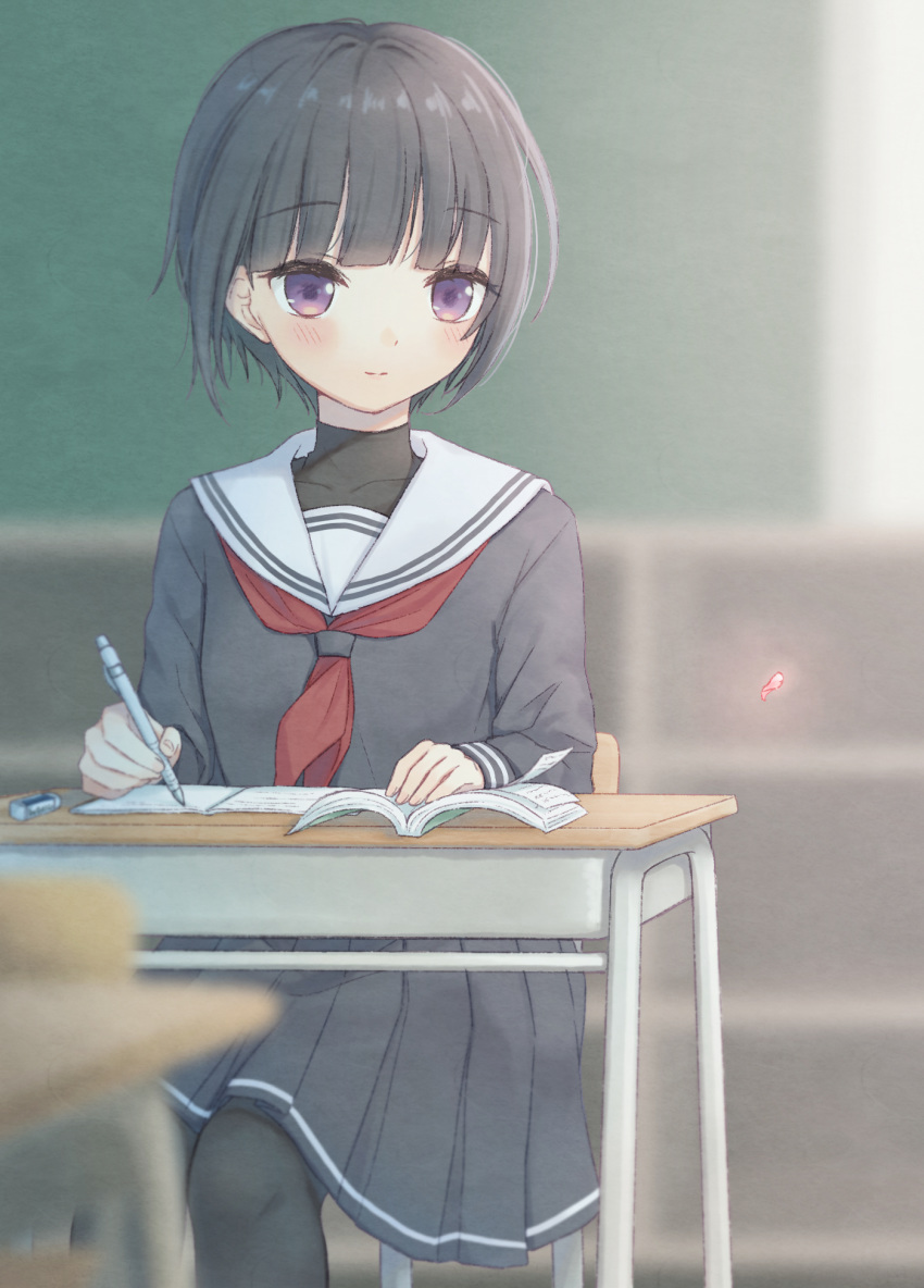 1girl bangs black_hair black_legwear black_sailor_collar black_serafuku black_skirt blurry blurry_background blurry_foreground blush chair closed_mouth commentary_request depth_of_field desk eraser eyebrows_visible_through_hair highres holding holding_pencil idolmaster idolmaster_cinderella_girls indoors kazane_mari looking_away looking_to_the_side mechanical_pencil neckerchief on_chair pantyhose pencil petals pleated_skirt red_neckwear sailor_collar school_chair school_desk school_uniform serafuku shirayuki_chiyo short_hair sitting skirt smile solo violet_eyes white_sailor_collar