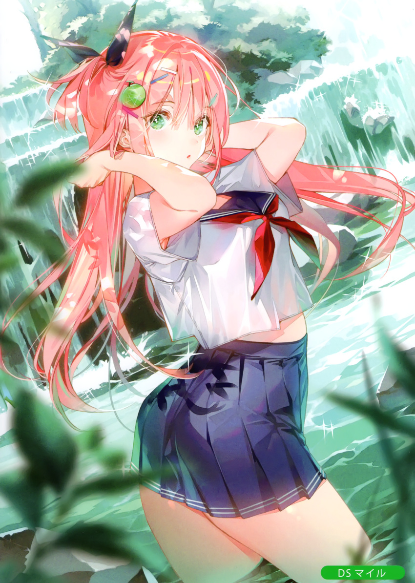1girl absurdres arms_up artist_name bangs blue_skirt blush bow breasts day dsmile eyebrows_visible_through_hair green_eyes hair_bow hair_ornament hairclip highres long_hair looking_at_viewer medium_breasts melonbooks outdoors parted_lips partially_submerged pink_hair pleated_skirt scan shiny shiny_hair shiny_skin short_sleeves skirt solo tied_hair water waterfall