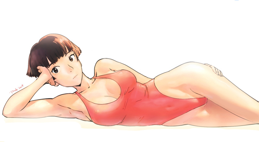 1girl bob_cut breasts brown_eyes brown_hair closed_mouth gake_no_ue_no_ponyo groin highleg highres lisa_(ponyo) looking_at_viewer lying short_hair simple_background solo swimsuit tombiiwa white_background