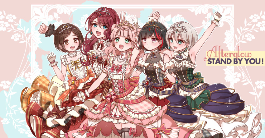 5girls :d afterglow_(bang_dream!) alternate_hairstyle aoba_moca arm_up armpits bang_dream! bangs black_hair black_ribbon blue_eyes bob_cut bow bowtie brooch brown_bow brown_eyes brown_hair chino_machiko corset double_bun dress earrings frilled_dress frilled_gloves frills gloves green_eyes grey_hair group_name hazawa_tsugumi head_chain jewelry mitake_ran multiple_girls necklace open_mouth orange_dress pearl_necklace pink_bow pink_dress pink_hair plaid raised_fist red_dress red_neckwear redhead ribbon short_hair smile striped striped_ribbon tiara udagawa_tomoe uehara_himari v v-shaped_eyebrows white_gloves