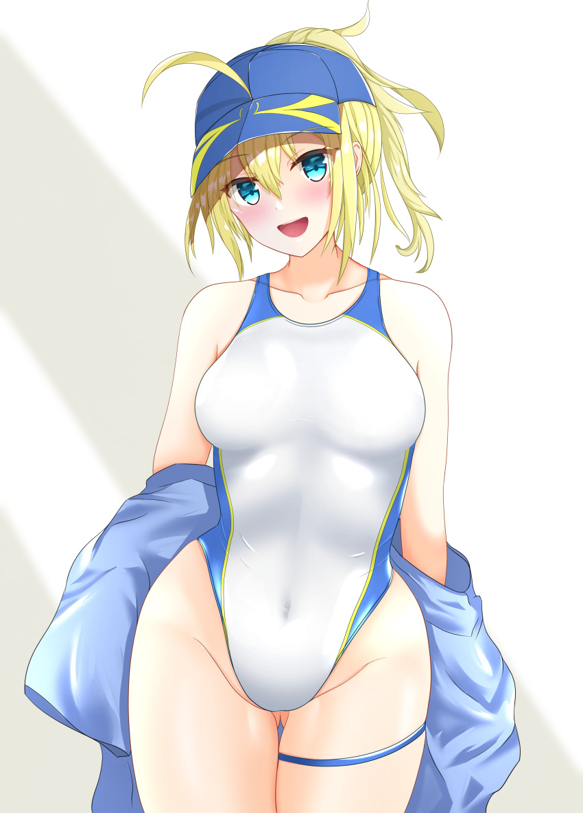 1girl absurdres ahoge artoria_pendragon_(all) bangs bare_shoulders baseball_cap blonde_hair blue_eyes blue_headwear blue_jacket blue_swimsuit blush breasts collarbone covered_navel fate/grand_order fate_(series) hair_between_eyes hair_through_headwear hat hibika highleg highleg_swimsuit highres jacket long_hair looking_at_viewer medium_breasts mysterious_heroine_xx_(foreigner) off_shoulder one-piece_swimsuit open_clothes open_jacket open_mouth ponytail smile solo swimsuit thigh_strap two-tone_swimsuit white_swimsuit