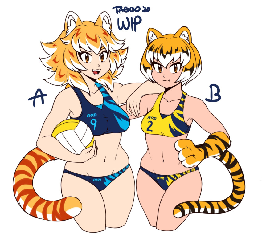 2girls animal_ears ball black_hair blush closed_mouth eyebrows_visible_through_hair fang highres holding holding_ball looking_at_viewer multicolored_hair multiple_girls navel open_mouth orange_hair original short_hair smile taggo tail tan tiger_ears tiger_tail volleyball white_hair work_in_progress