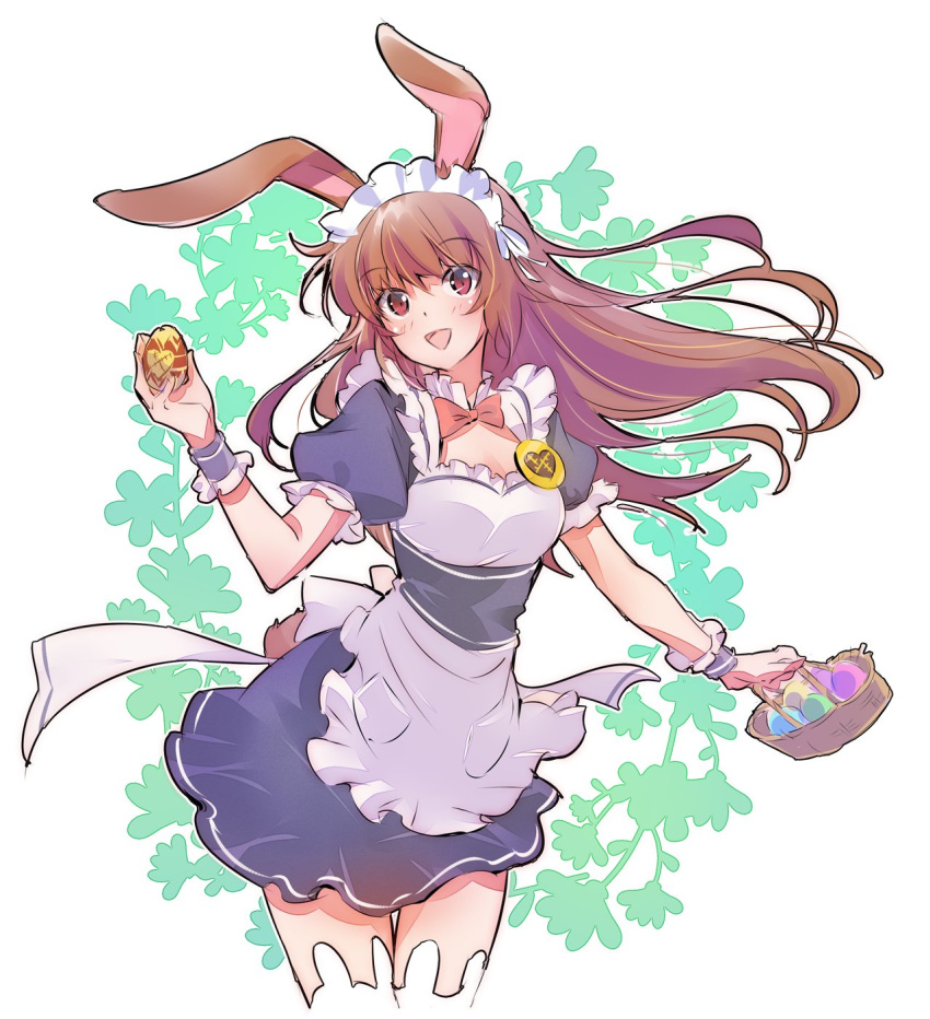 1girl alternate_costume animal_ears apron basket brown_eyes brown_hair bunny_girl bunny_tail easter easter_egg egg enmaided frilled_apron frilled_hairband frills hairband headdress highres iesupa long_hair maid maid_apron maid_headdress puffy_short_sleeves puffy_sleeves rabbit_ears rwby short_sleeves solo tail thigh-highs velvet_scarlatina white_apron