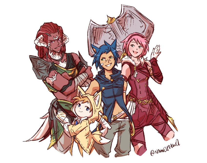 1girl 3boys amy_rose animal_ears au_ra axe blonde_hair blue_hair cat_ears crossed_arms dark_skin final_fantasy final_fantasy_xiv fox_hood hood horns humanization hyur knuckles_the_echidna lalafell looking_at_viewer miqo'te multiple_boys nannelflannel personification pink_hair redhead shoulder_armor smile sonic sonic_the_hedgehog