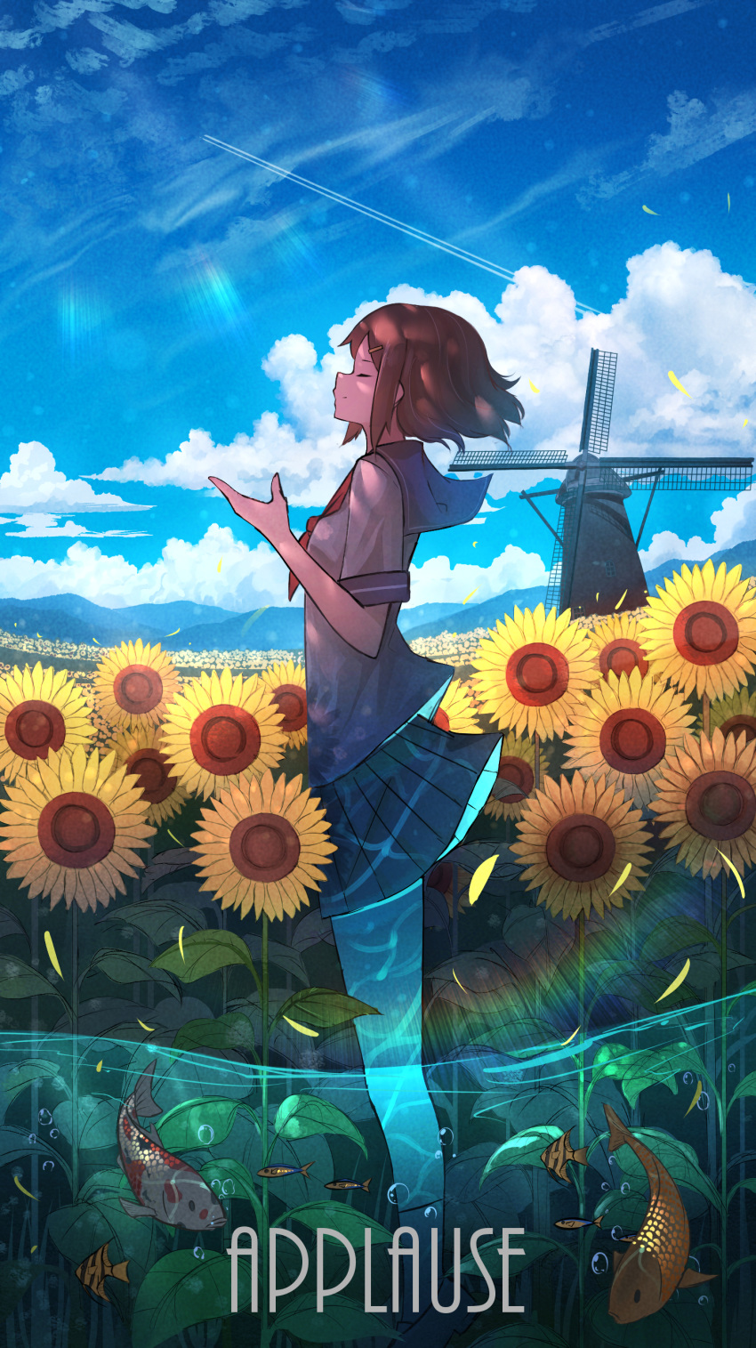 1girl absurdres animal blue_sailor_collar blue_skirt blue_sky brown_hair carp closed_eyes closed_mouth clouds commentary condensation_trail day english_text field fish flower flower_field from_side full_body highres kneehighs koi loafers miniskirt neckerchief original outdoors pasoputi pleated_skirt profile red_neckwear sailor_collar scenery school_uniform serafuku shirt shoes short_hair short_sleeves sidelocks skirt sky smile solo sunflower water white_shirt windmill