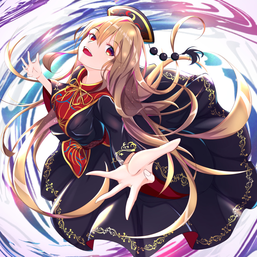 1girl :d absurdres bangs black_dress blonde_hair breasts commentary_request dress eyebrows_visible_through_hair hair_between_eyes head_tilt headdress highres huge_filesize junko_(touhou) long_hair long_sleeves looking_at_viewer medium_breasts neck_ribbon open_mouth red_eyes ribbon smile solo tabard tassel touhou wide_sleeves yamanakaume yellow_neckwear yellow_ribbon