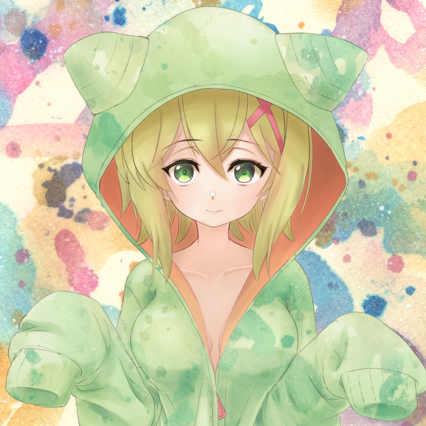 1girl akatsuki_kirika blonde_hair blush breasts collarbone green_eyes green_hoodie hair_ornament happy_birthday highres hood hood_up hoodie looking_at_viewer medium_breasts naked_hoodie namime senki_zesshou_symphogear short_hair sleeves_past_wrists smile solo upper_body x_hair_ornament