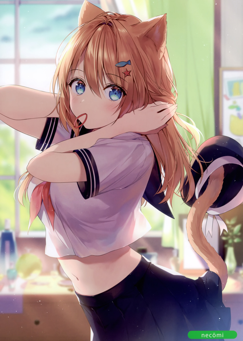 1girl absurdres animal_ears artist_name bangs beret blue_eyes blurry blurry_background blush breasts brown_hair cat_ears cat_tail curtains day eyebrows_visible_through_hair fingernails hair_ornament hat highres indoors looking_at_viewer medium_breasts melonbooks navel necomi pleated_skirt scan school_uniform shiny shiny_hair short_sleeves skirt solo tail window