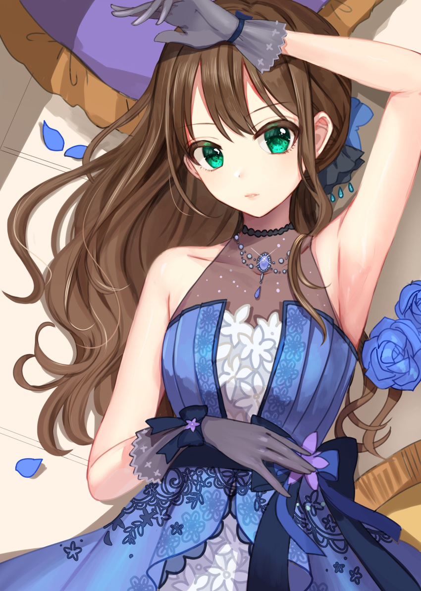 1girl arm_on_head arm_up armpits bangs blue_dress blue_flower blue_gloves blue_rose brown_hair dress eyebrows_visible_through_hair floral_print flower from_above gloves green_eyes hair_ornament hair_over_shoulder half_gloves highres idolmaster idolmaster_cinderella_girls jewelry long_hair looking_at_viewer lying necklace on_back parted_lips pearl_necklace petals rose rum_raisin_(chihiromakita19) shibuya_rin sleeveless sleeveless_dress smile solo