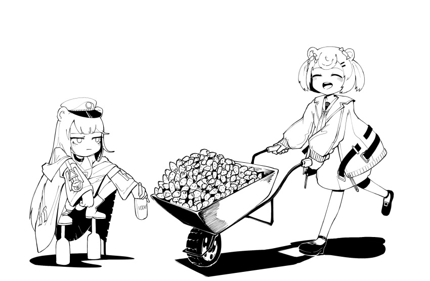 2girls alcohol animal_ears arknights bangs bear_ears boots bottle choker closed_eyes closed_mouth food fruit greyscale gummy_(arknights) hat highres holding holding_bottle jacket long_hair long_sleeves monochrome multiple_girls open_mouth peaked_cap radish_p short_hair simple_background squatting strawberry vodka white_background zima_(arknights)