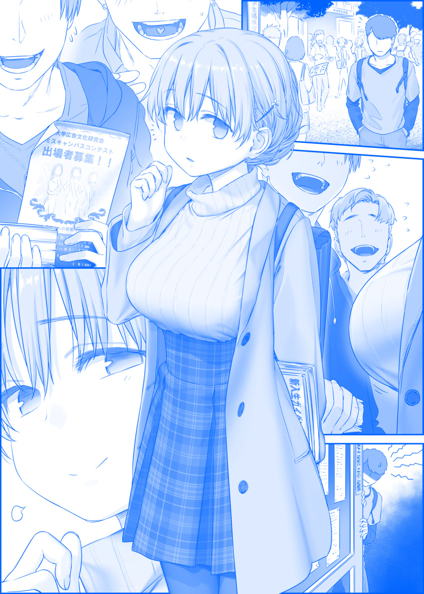 2girls alternate_hairstyle backpack bag blue_theme blush breasts bulletin_board collarbone commentary_request denim emphasis_lines faceless faceless_male flyer flying_sweatdrops getsuyoubi_no_tawawa gimai-chan_(tawawa) hair_ornament hairclip hands_in_pockets heart heart_in_mouth highres himura_kiseki jacket jeans large_breasts light_smile multiple_girls no_pupils open_mouth pants pantyhose peeking_out plaid plaid_skirt ribbed_sweater shaded_face shirt short_hair skirt smile surprised sweatdrop sweater textbook translation_request