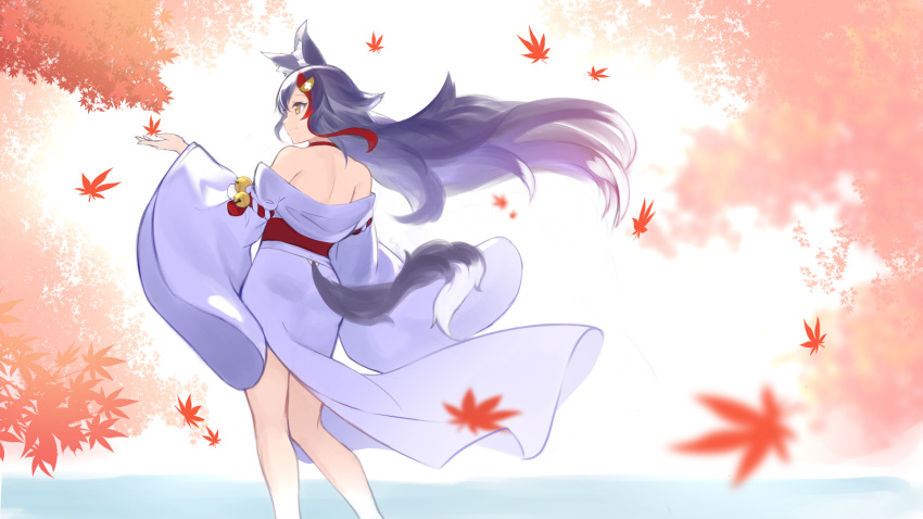 1girl animal_ear_fluff animal_ears autumn_leaves bare_shoulders black_hair falling_leaves from_behind highres hololive japanese_clothes kimono leaf long_hair long_sleeves multicolored_hair obi off_shoulder ookami_mio pond red_sash redhead sash solo standing streaked_hair two-tone_hair virtual_youtuber white_kimono wide_sleeves wolf_ears yamabuki7979 yellow_eyes