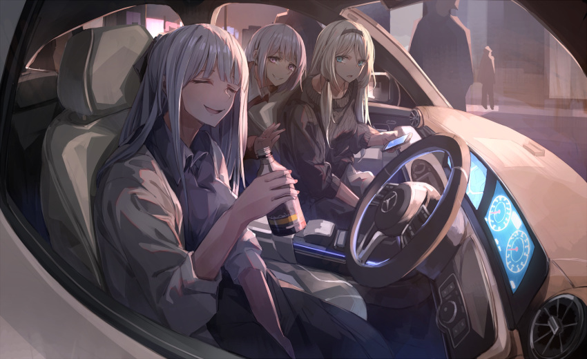 3girls ak-12_(girls_frontline) an-94_(girls_frontline) bangs between_legs blue_eyes bottle car car_interior car_seat casual cellphone character_sheet closed_eyes collared_shirt commentary driving girls_frontline grin ground_vehicle hair_ribbon hand_between_legs highres holding holding_bottle holding_phone long_hair low-tied_long_hair miyabino_(miyabi1616) motor_vehicle multiple_girls open_mouth phone platinum_blonde_hair pov ribbon right-hand_drive rpk-16_(girls_frontline) shirt sidelocks silver_hair sleeves_rolled_up smartphone smile steering_wheel sweater vest violet_eyes