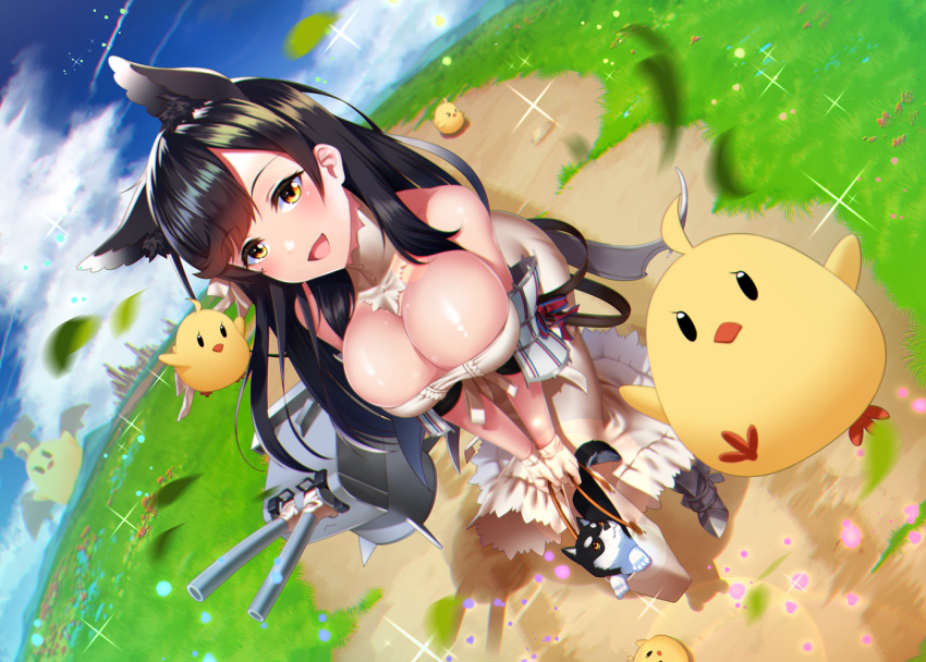 1girl alternate_costume animal_ears atago_(azur_lane) azur_lane bangs bare_shoulders black_hair blue_sky breasts cannon commentary_request day detached_collar dress full_body grass kagiyama_(gen'ei_no_hasha) large_breasts long_hair looking_at_viewer manjuu_(azur_lane) off-shoulder_dress off_shoulder open_mouth outdoors path perspective road shiny shiny_skin sky swept_bangs white_dress yellow_eyes
