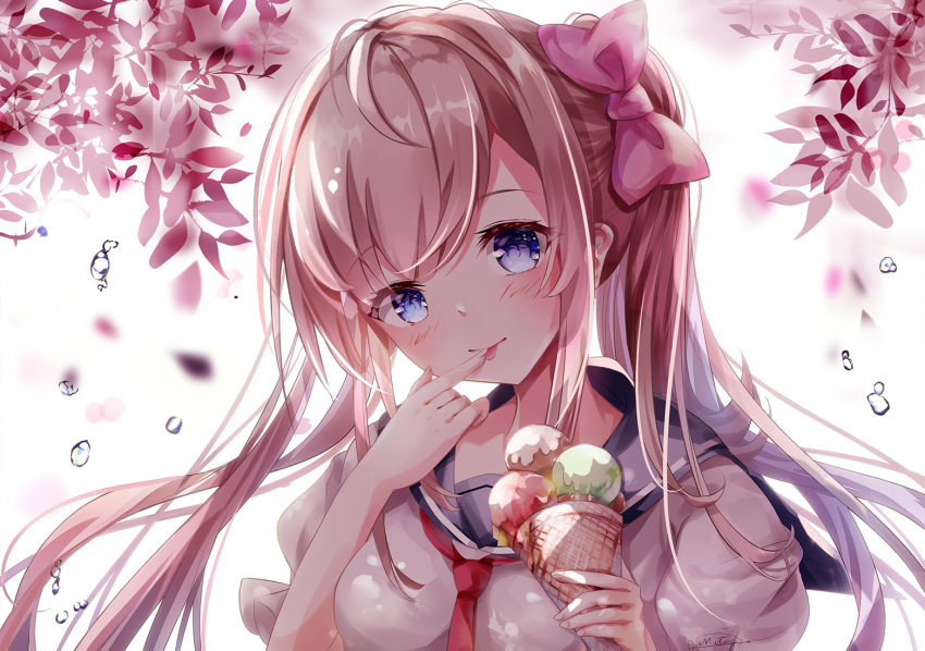 1girl :p bangs blue_eyes blue_sailor_collar blurry blurry_background blush bow brown_hair closed_mouth depth_of_field eyebrows_visible_through_hair finger_to_mouth food hair_bow head_tilt holding holding_food ice_cream ice_cream_cone long_hair mutang original pink_bow plant puffy_short_sleeves puffy_sleeves sailor_collar school_uniform serafuku shirt short_sleeves smile solo tongue tongue_out triple_scoop twintails upper_body water_drop white_shirt