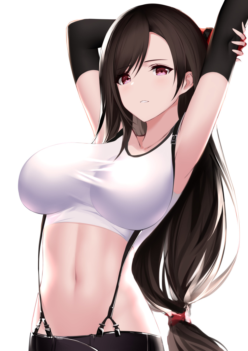 1girl absurdres an_yasuri arm_warmers armpits arms_up bare_shoulders black_hair breasts crop_top final_fantasy final_fantasy_vii highres large_breasts long_hair looking_at_viewer low-tied_long_hair midriff navel parted_lips red_eyes shirt simple_background sleeveless sleeveless_shirt solo stomach stretch suspenders taut_clothes taut_shirt tifa_lockhart upper_body very_long_hair white_background white_shirt