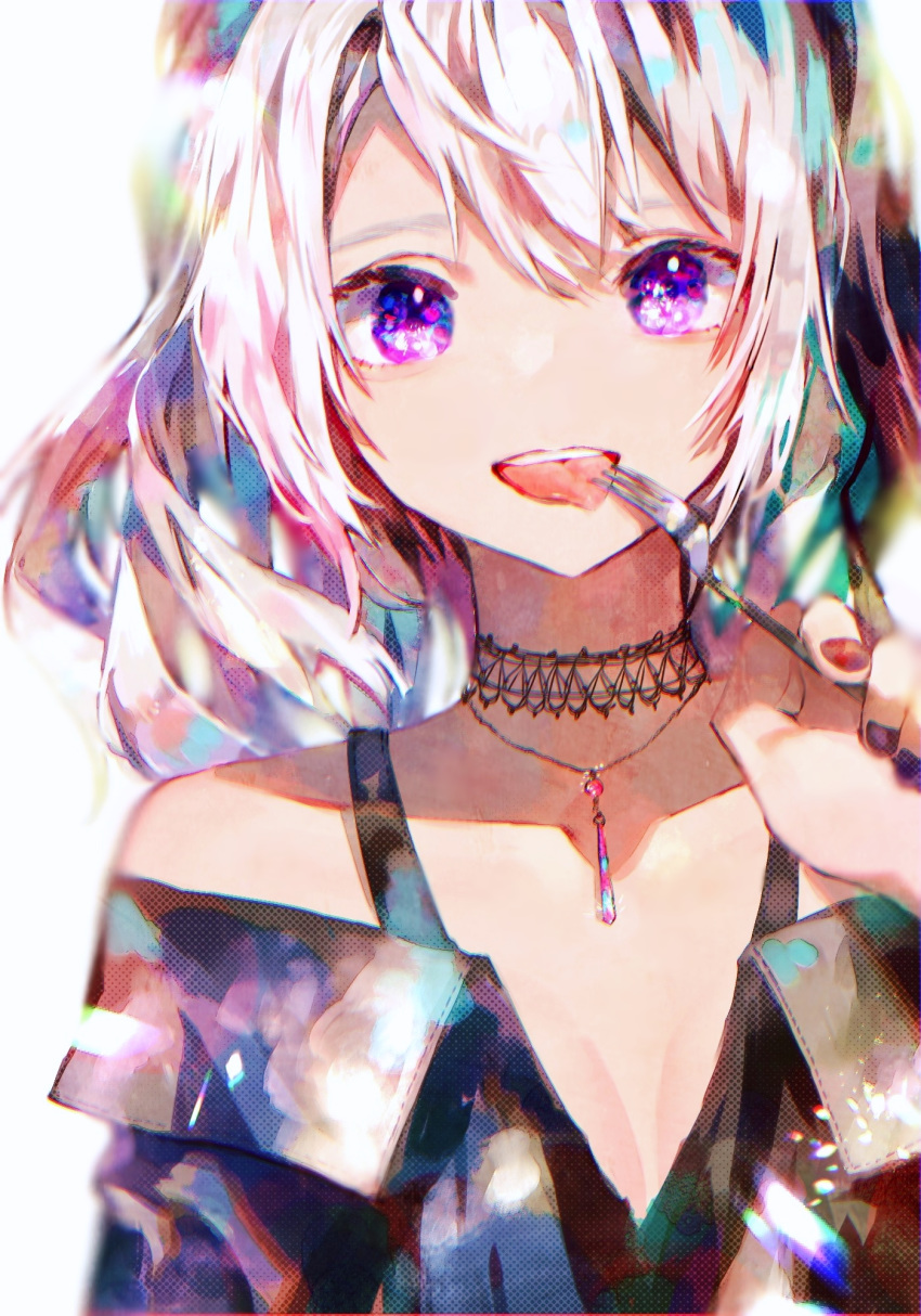 1girl bare_shoulders black_dress collarbone commentary dress flat_chest flower_(vocaloid) fork fork_in_mouth highres holding holding_fork jewelry karanagare_4 lace_collar long_hair looking_at_viewer nail_polish necklace ponytail purple_nails smile solo tongue tongue_out upper_body violet_eyes vocaloid white_background white_hair