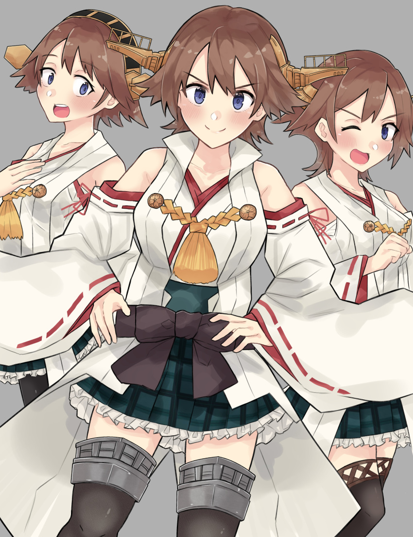 3girls absurdres boots brown_hair commentary_request cowboy_shot detached_sleeves dokuganryuu flipped_hair green_skirt grey_background hairband headgear hiei_(kantai_collection) highres japanese_clothes kantai_collection looking_at_viewer multiple_girls multiple_persona plaid popped_collar remodel_(kantai_collection) ribbon-trimmed_sleeves ribbon_trim short_hair simple_background skirt standing thigh-highs thigh_boots