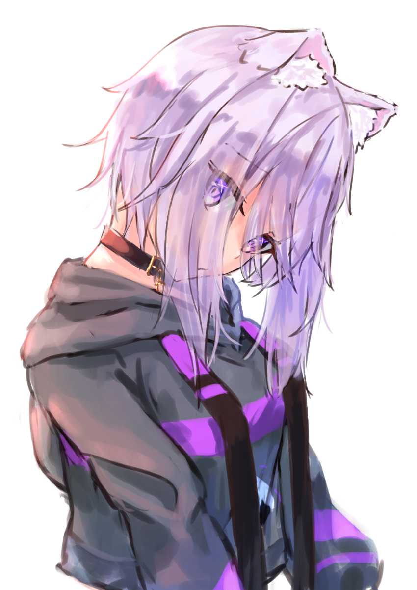 1girl absurdres animal_ear_fluff animal_ears black_collar black_hoodie breasts cat_ears closed_mouth collar commentary_request drawstring eyes_visible_through_hair hair_over_eyes highres hololive hood hood_down hoodie long_sleeves looking_at_viewer nekomata_okayu purple_hair simple_background small_breasts solo upper_body violet_eyes virtual_youtuber white_background yu_hydra