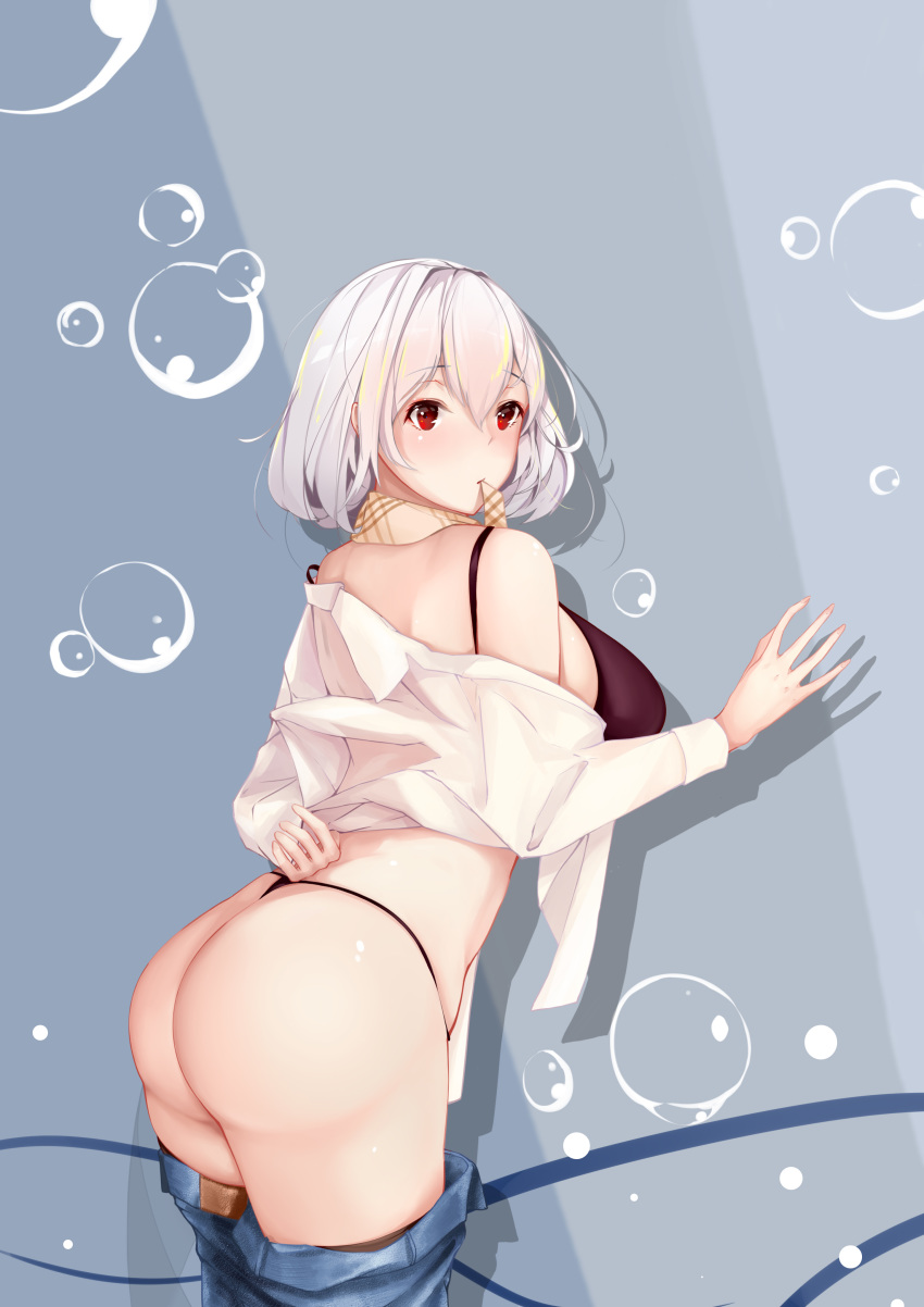 1girl absurdres ass azur_lane bare_shoulders blush bra breasts brown_bra bubble denim eyebrows_visible_through_hair from_behind highres jeans large_breasts looking_back off-shoulder_shirt off_shoulder panties pants pants_down red_eyes shirt short_hair sideboob sirius_(azur_lane) solo string_panties underwear whatwine white_hair white_shirt