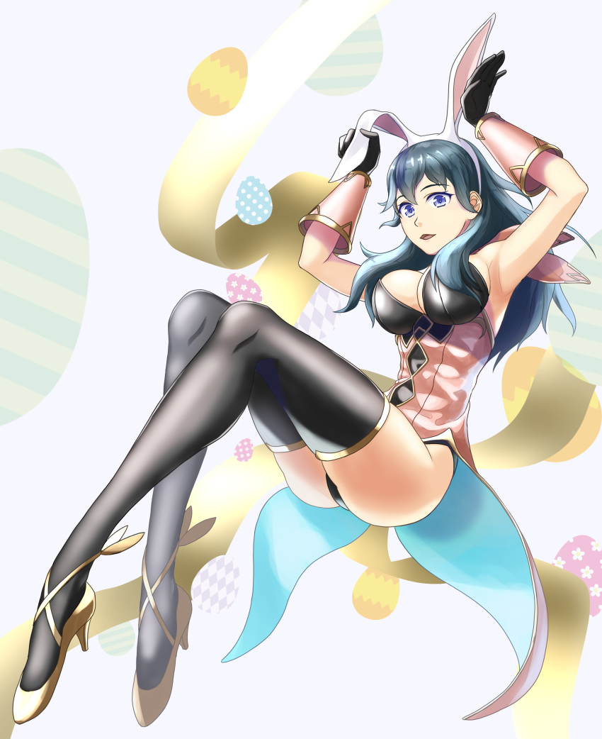 1girl absurdres animal_ears arms_up black_gloves black_legwear blue_eyes blue_hair breasts byleth_(fire_emblem) byleth_eisner_(female) easter_egg egg fake_animal_ears fire_emblem fire_emblem:_three_houses fire_emblem_heroes full_body gloves gzo1206 high_heels highres large_breasts open_mouth rabbit_ears solo thigh-highs