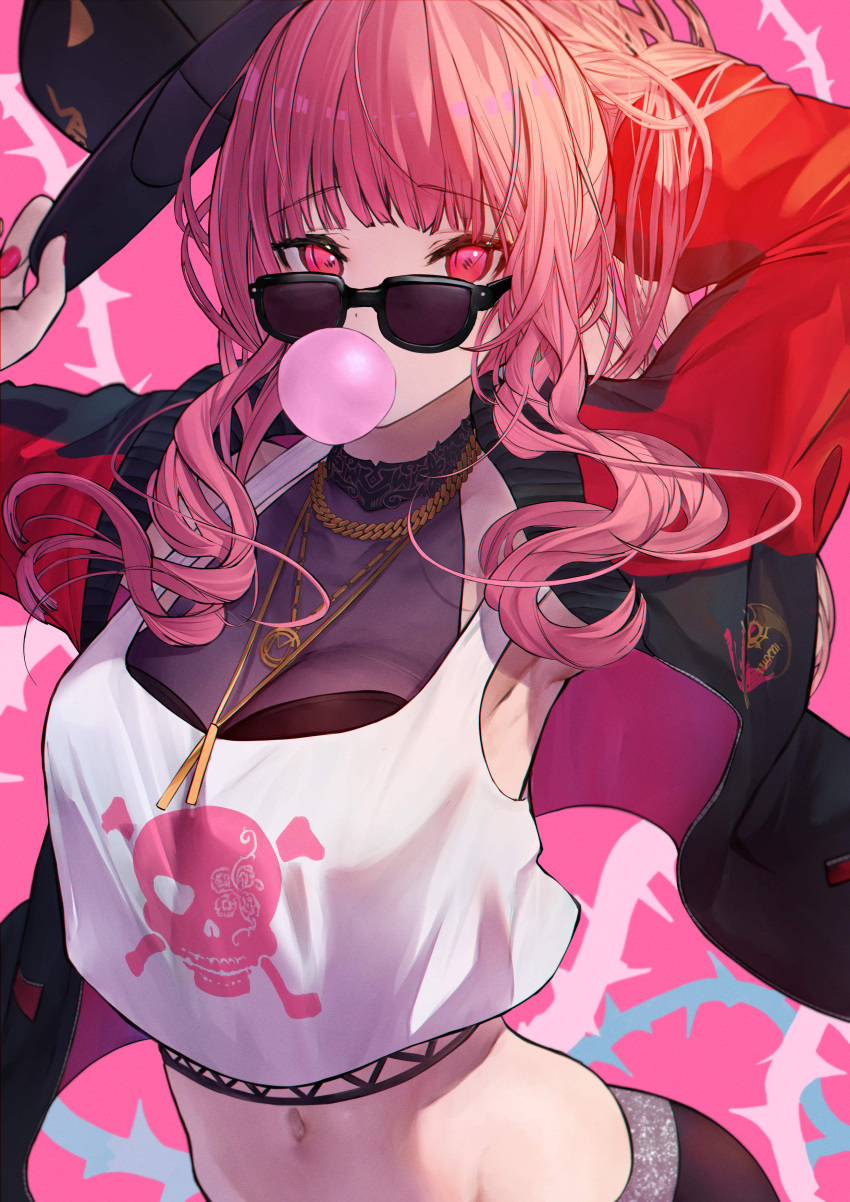 1girl absurdres bangs betabeet black_headwear blunt_bangs breasts chewing_gum eyebrows_visible_through_hair hat highres holding holding_clothes holding_hat hololive hololive_english jewelry long_hair looking_at_viewer medium_breasts midriff mori_calliope pendant pink_background pink_eyes pink_hair skull_and_crossbones solo sunglasses virtual_youtuber