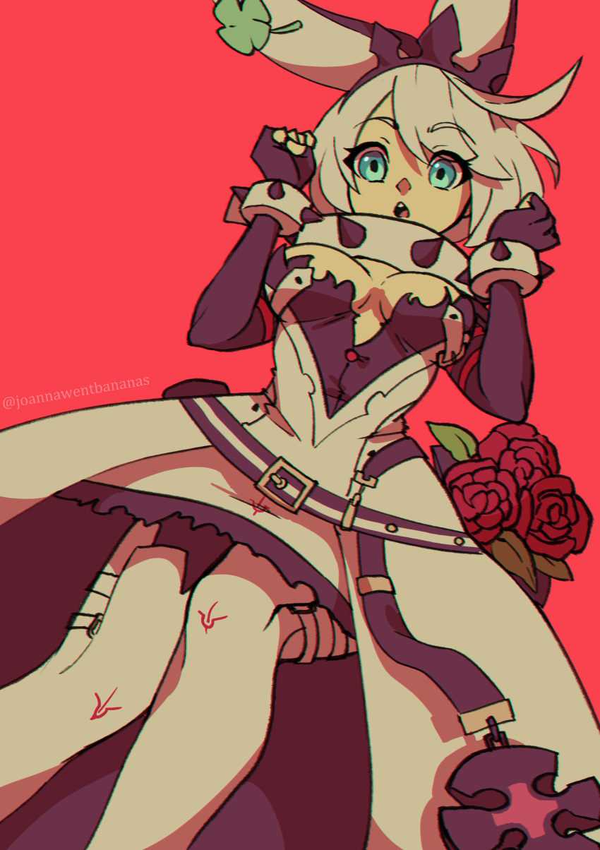 1girl :o absurdres blue_eyes blush bouquet breasts clover collar elphelt_valentine fingerless_gloves flower four-leaf_clover gloves guilty_gear highres jojowentbananas looking_at_viewer looking_down open_mouth rose solo spiked_collar spikes white_hair