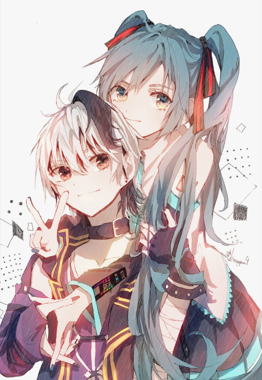 2girls absurdres androgynous aqua_eyes aqua_hair aqua_nails aqua_neckwear bare_shoulders belt_collar black_legwear black_nails black_skirt black_sleeves collar collarbone commentary detached_sleeves flower_(vocaloid) grey_shirt hair_ribbon hands_together hatsune_miku highres holding_another's_arm hug hug_from_behind jacket karanagare_4 long_hair looking_at_viewer multicolored_hair multiple_girls nail_polish necktie purple_jacket purple_shirt ribbon shirt shoulder_tattoo skirt sleeveless sleeveless_shirt smile streaked_hair tattoo thigh-highs twintails v v_flower_(vocaloid4) very_long_hair violet_eyes vocaloid white_hair