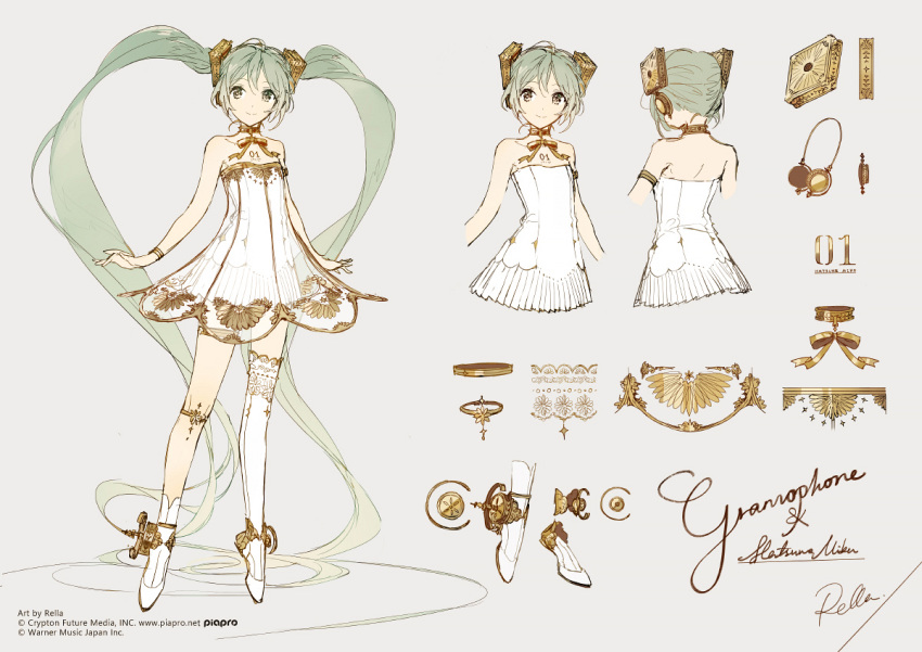1girl boots collarbone dress flat_chest green_hair hair_ornament hatsune_miku jewelry long_hair looking_at_viewer miku_symphony_(vocaloid) rella thigh-highs thigh_boots thigh_strap tiptoes twintails vocaloid white_dress white_footwear white_legwear