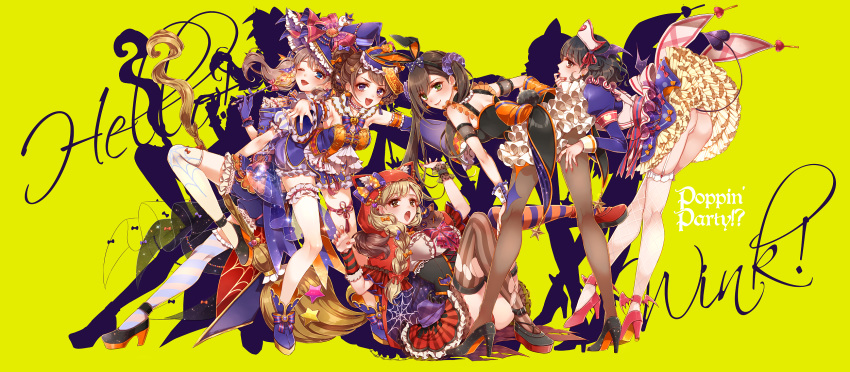 5girls :d ;d animal_ears animal_on_shoulder ankle_strap arm_warmers armband ass bang_dream! bangs bat bent_over black_footwear black_hair black_legwear blonde_hair blue_bow blue_eyes blue_footwear blue_gloves blue_headwear blue_neckwear blue_scrunchie boots bow bowtie braid brooch broom brown_eyes brown_hair cape capelet chino_machiko cosplay demon_tail drop_shadow fishnet_legwear fishnets frilled_skirt frills garter_straps gloves green_eyes group_name hair_bow hair_ornament hair_over_one_eye hair_scrunchie halloween hanazono_tae hand_on_own_knee hat hat_bow high_heels highres hood hood_up hooded_capelet ichigaya_arisa jewelry juliet_sleeves knee_up lantern leg_up little_red_riding_hood little_red_riding_hood_(grimm) little_red_riding_hood_(grimm)_(cosplay) long_hair long_sleeves looking_at_viewer mismatched_legwear moon multiple_girls nail_polish nurse_cap one_eye_closed open_mouth orange_bow outstretched_arms pantyhose paper_lantern poppin'party print_legwear puffy_sleeves rabbit_ears red_bow red_capelet red_footwear red_nails red_ribbon ribbon scrunchie short_hair side_ponytail simple_background single_braid sitting skirt smile song_name spider_web_print standing striped striped_arm_warmers striped_legwear striped_neckwear tail thigh_strap torn_clothes torn_legwear toyama_kasumi ushigome_rimi violet_eyes white_legwear witch_hat wolf wolf_hood wrist_cuffs yamabuki_saaya yellow_background zombie_pose