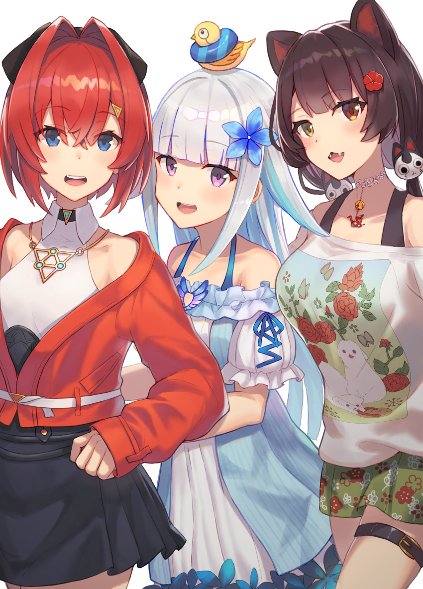3girls :d absurdres ange_katrina animal animal_ears animal_on_head bangs bare_shoulders bird black_bow black_hair black_skirt blue_dress blue_eyes blue_hair bow breasts brown_hair commentary_request dog_ears dog_hair_ornament dress duck eyebrows_visible_through_hair fangs floral_print flower gatling033 green_skirt hair_between_eyes hair_bow hair_flower hair_intakes hair_ornament heterochromia highres innertube inui_toko jacket leg_belt lize_helesta long_hair long_sleeves looking_at_viewer low_twintails medium_breasts monocle multicolored_hair multiple_girls nijisanji off-shoulder_dress off-shoulder_shirt off_shoulder on_head open_clothes open_jacket open_mouth pleated_skirt print_shirt print_skirt puffy_short_sleeves puffy_sleeves red_flower red_jacket redhead sebastian_piyodore shirt short_hair short_sleeves silver_hair simple_background skirt sleeveless sleeveless_shirt sleeves_past_wrists smile twintails two-tone_hair upper_teeth very_long_hair violet_eyes virtual_youtuber white_background white_shirt